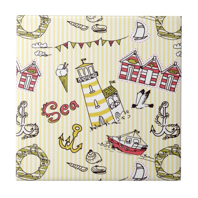 Cute Beach Scene Pattern Ceramic Tile (Front)
