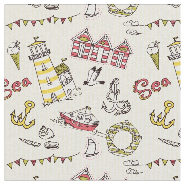 Cute Beach Scene Pattern Fabric (Close Up)