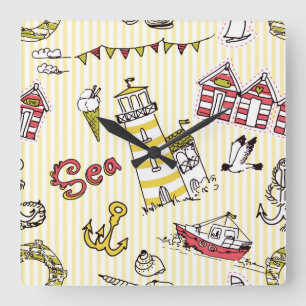 Cute Beach Scene Pattern Square Wall Clock