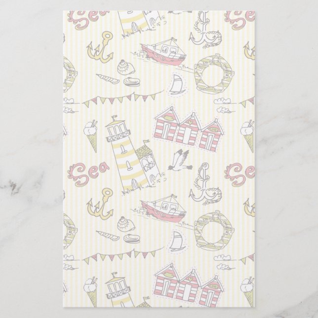 Cute Beach Scene Pattern Stationery (Front)