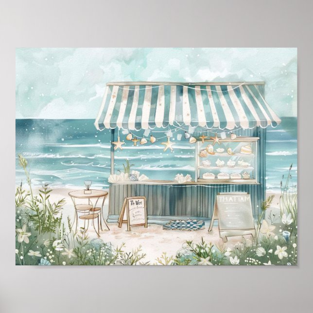 cute beach scene watercolor illustration poster (Front)