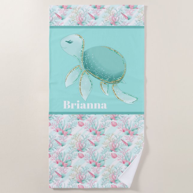 Cute beach sea turtle add name towel (Front)