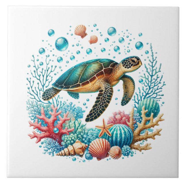 Cute beach sea turtle  ceramic tile (Front)