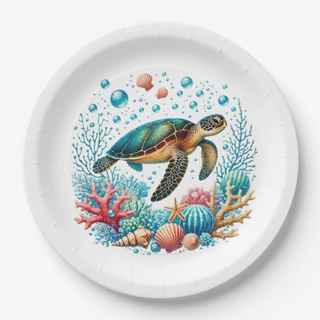 Cute beach sea turtle party paper plate (Front)