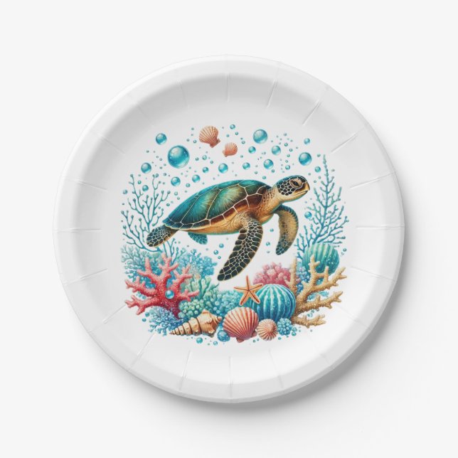 Cute beach sea turtle party paper plate (Front)