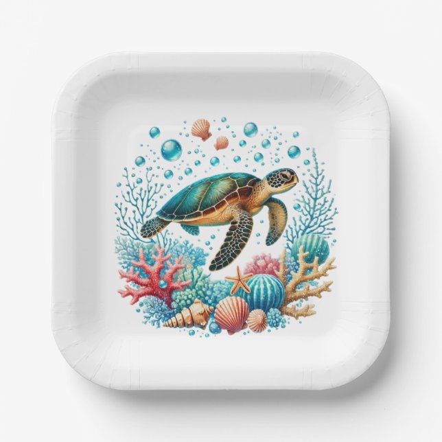 Cute beach sea turtle party paper plate (Front)