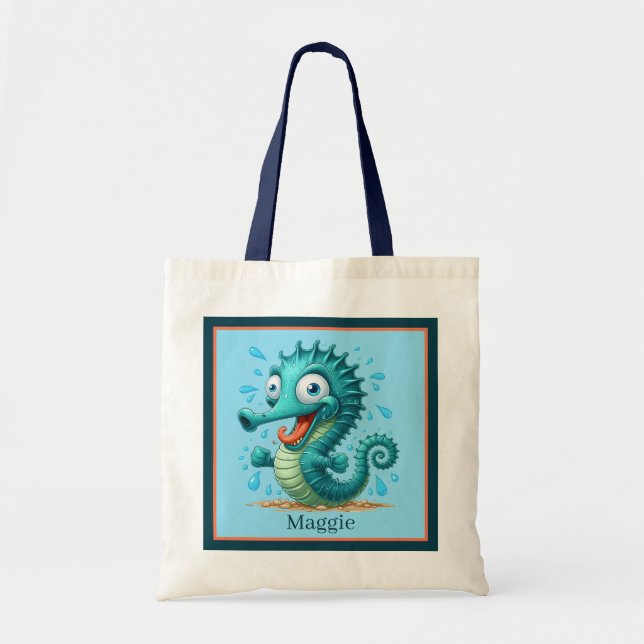 Cute beach seahorse add name kids tote bag (Front)