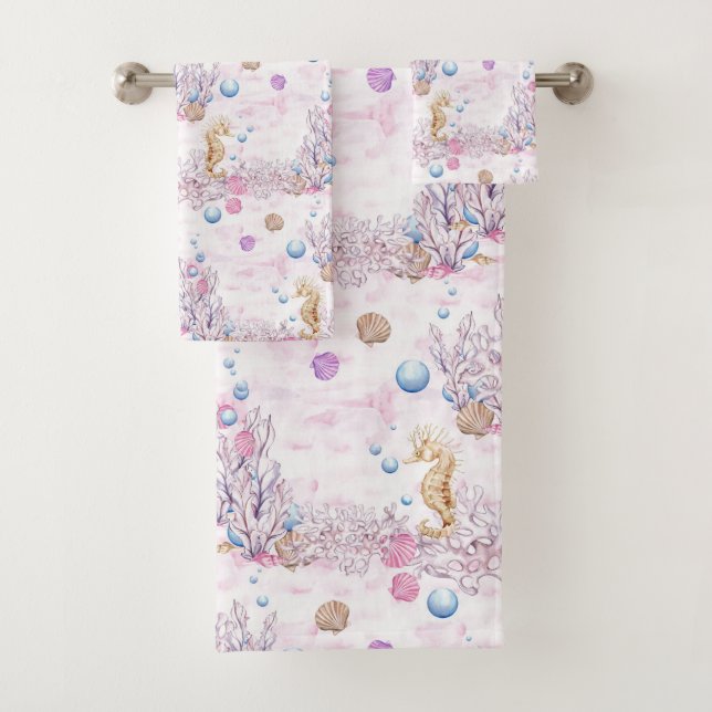 Cute beach seahorse and bubbles towel set (Insitu)