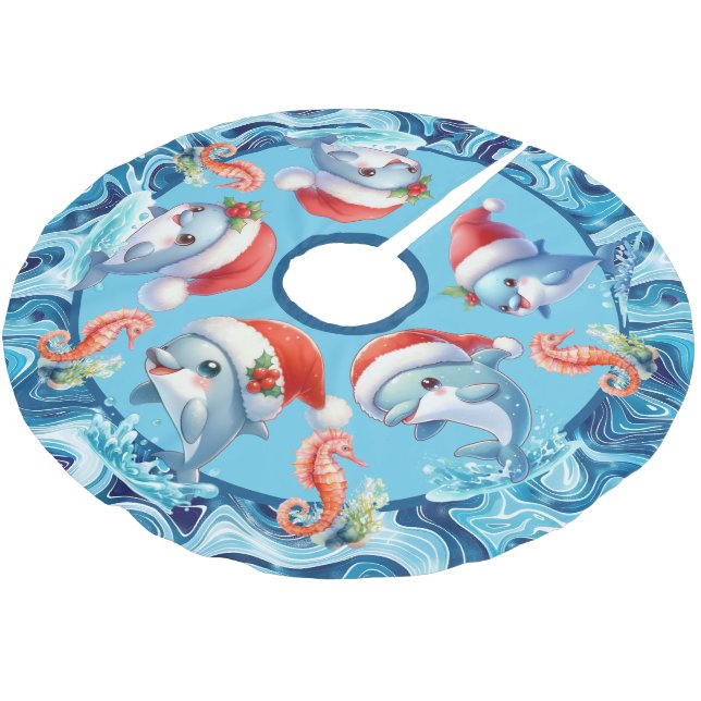 Cute beach seahorses dolphins  brushed polyester tree skirt (Angled)