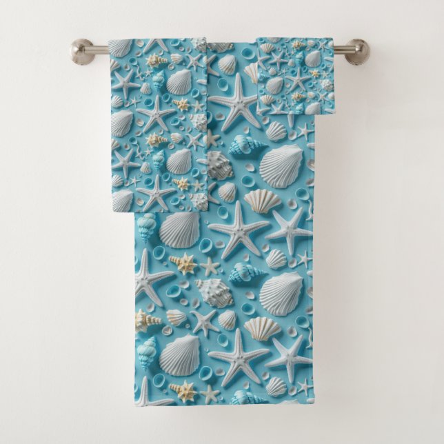 Cute beach seashell tiled  bath towel set (Insitu)