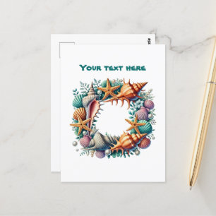 Cute beach seashell wreath customisable postcard
