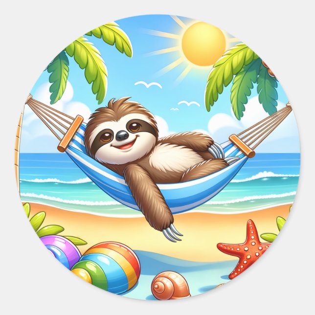 Cute beach sloth lovers  classic round sticker (Front)