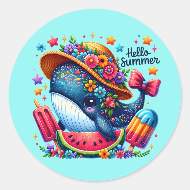 Cute beach whale hello Summer Classic Round Sticker (Front)