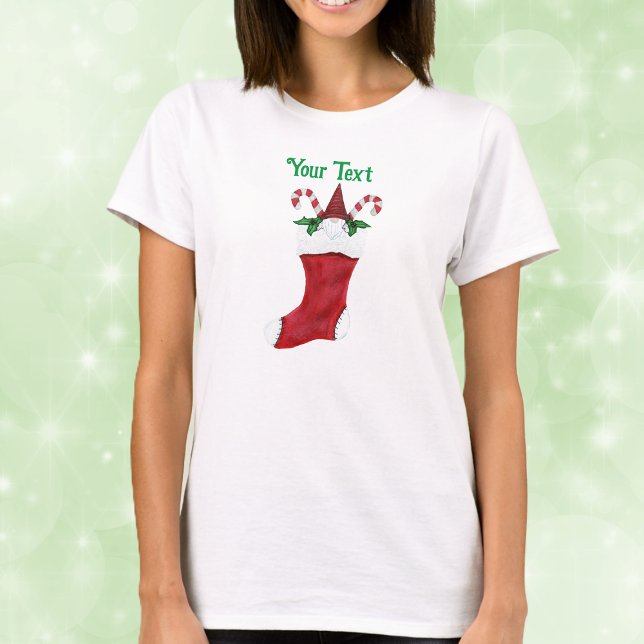 Cute Beaded Gnome Red Christmas Stocking Candy T-Shirt (Cute gnome with beard in red Christmas stocking with candy canes holly leaves on adult tee shirt.)