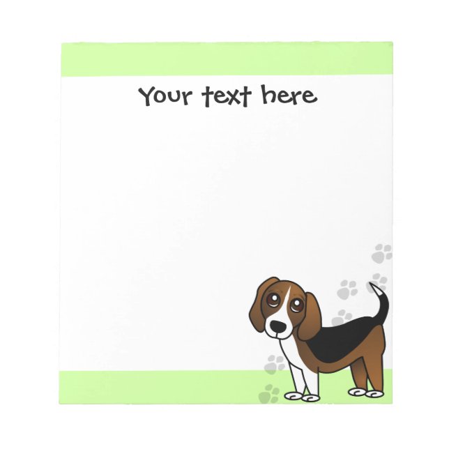 Cute Beagle Cartoon Dog on Green with Paw Prints Notepad (Front)