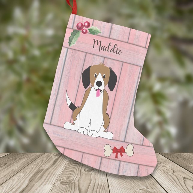 Cute Beagle Dog Girl Pink Wooden Monogram Small Christmas Stocking (Creator Uploaded)