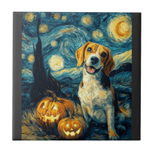 Cute beagle Dog Halloween Jack O Lantern Pumpkin F Ceramic Tile