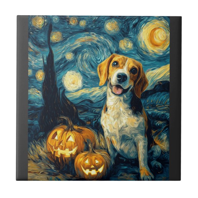 Cute beagle Dog Halloween Jack O Lantern Pumpkin F Ceramic Tile (Front)