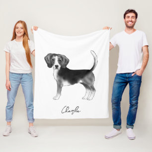 Cute Beagle Dog In Black And White And Custom Name Fleece Blanket