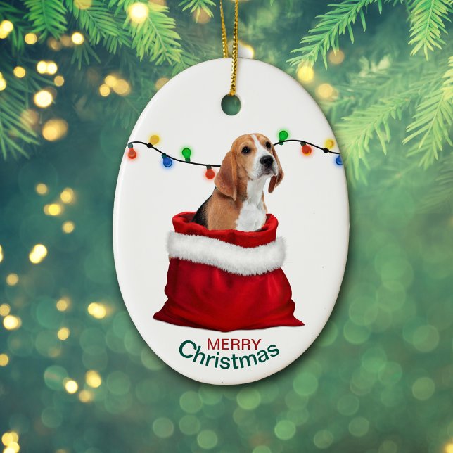 Cute Beagle Dog in Gift Bag Christmas Ceramic Ornament (Creator Uploaded)