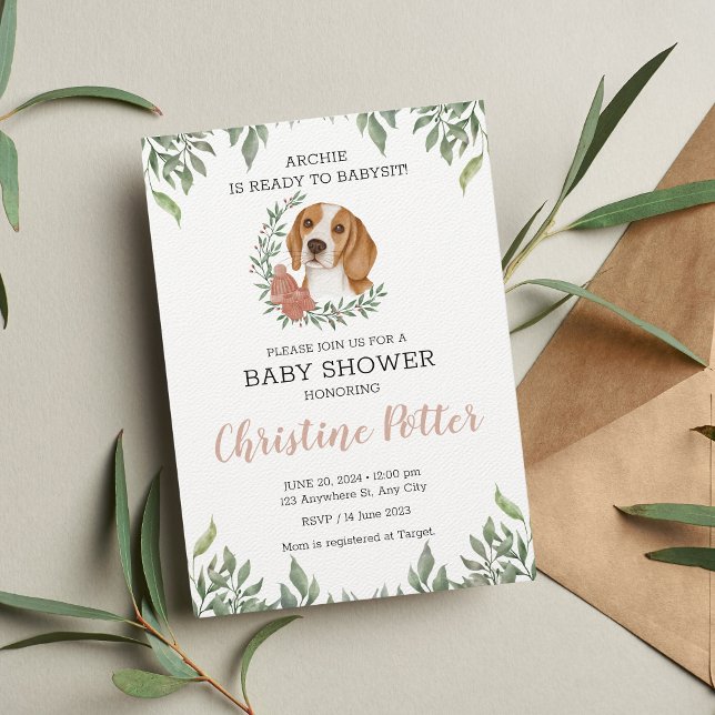 Cute Beagle Dog Puppy Greenery Boho Baby Shower In Invitation (Creator Uploaded)