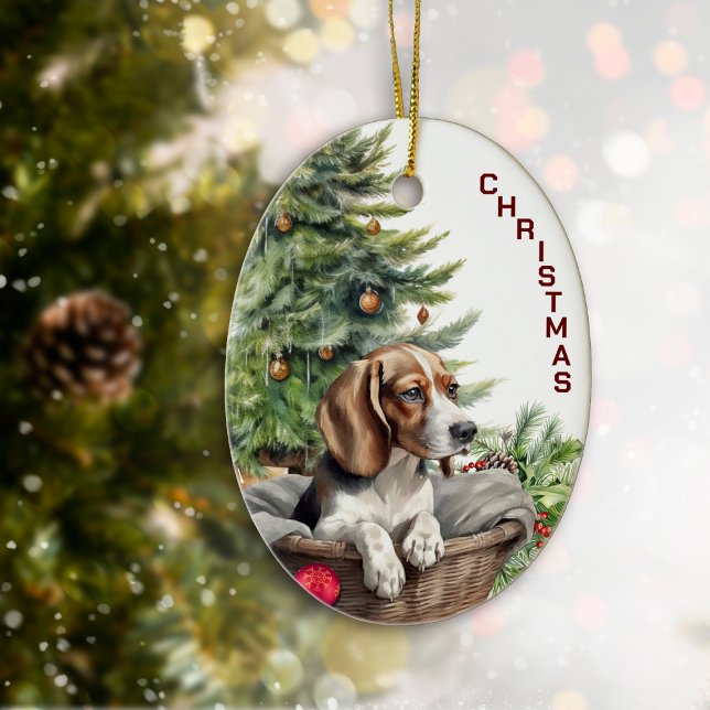 Cute Beagle Dog Wicker Basket Christmas Ceramic Ornament (Creator Uploaded)