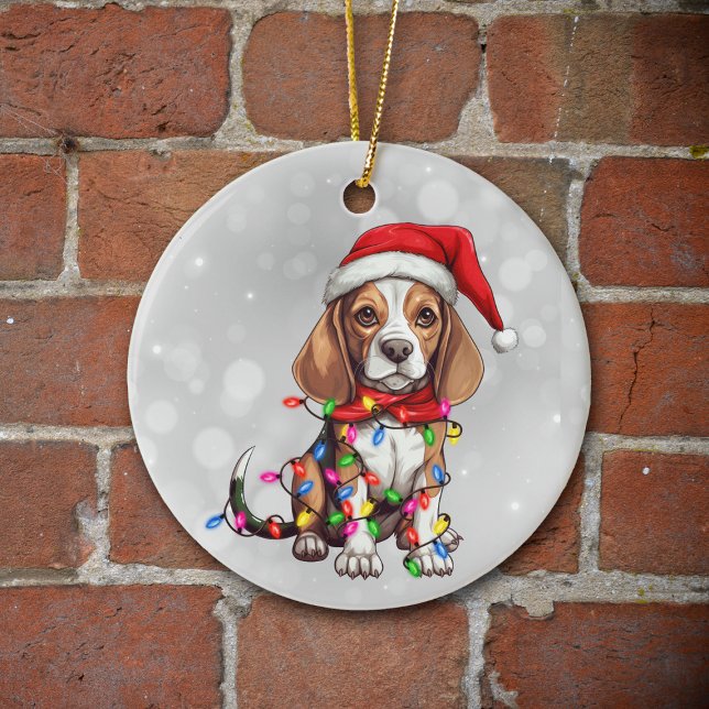 Cute Beagle Dog Wrapped in Christmas Lights Ceramic Ornament (Creator Uploaded)