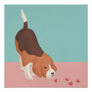 Cute Beagle & Hearts Illustration Poster