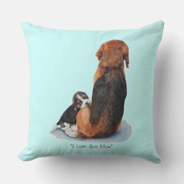 cute beagle puppy cuddling mum dog cushion (Front)