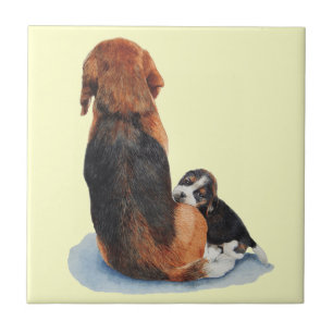 cute beagle puppy cuddling mum dog tile