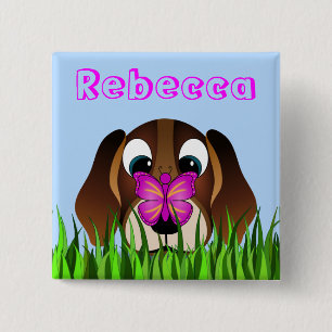 Cute Beagle Puppy Dog and Butterfly Girls Name 15 Cm Square Badge