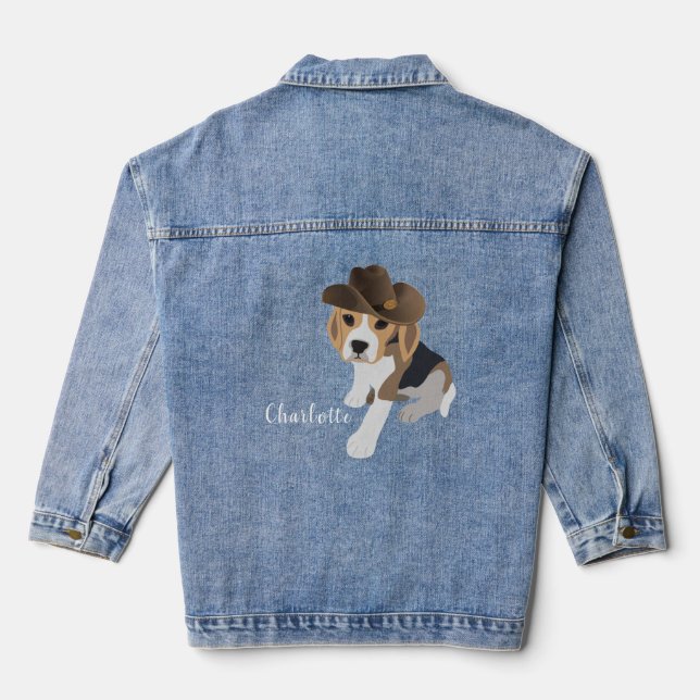 CUTE BEAGLE PUPPY DOG IN BROWN COWBOY HAT NAME DENIM JACKET (Back)