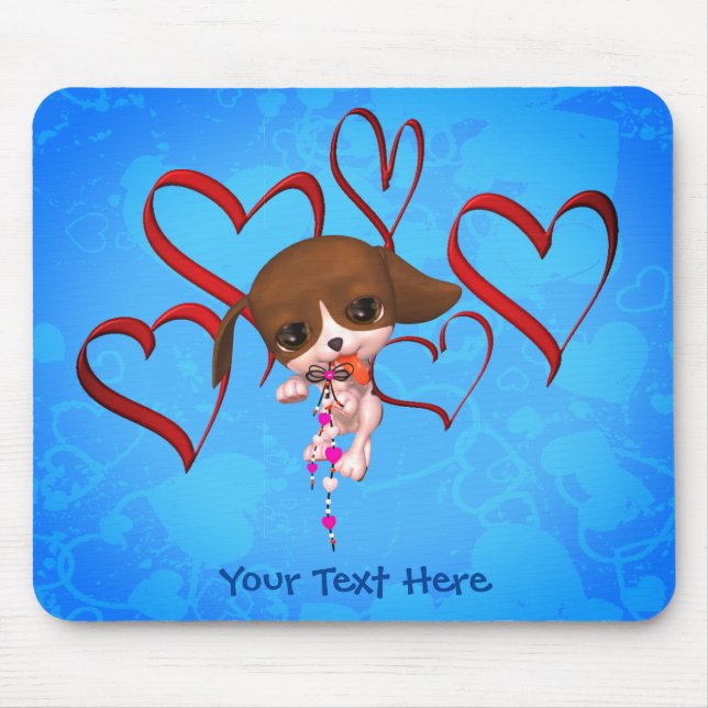 Cute Beagle Puppy Red Hearts Personalised Mouse Pad (Front)