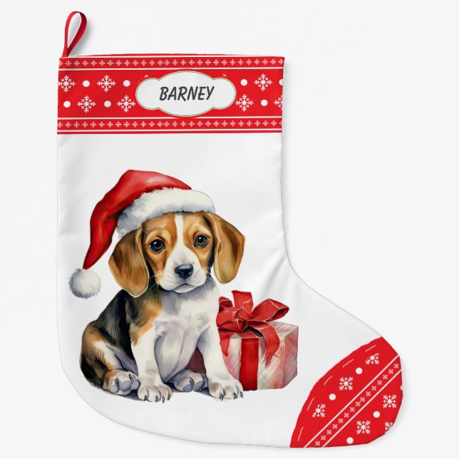Cute Beagle Puppy Santa Hat Snowflake Border Large Christmas Stocking (Front)