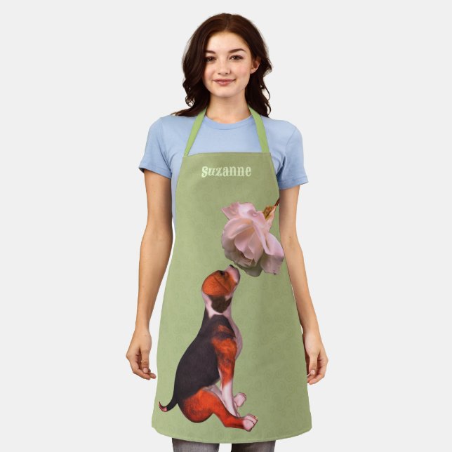 Cute Beagle Puppy White Rose Animal Personalised Apron (Worn)