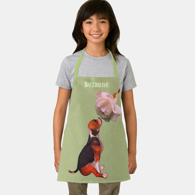 Cute Beagle Puppy White Rose Animal Personalised Apron (Insitu)