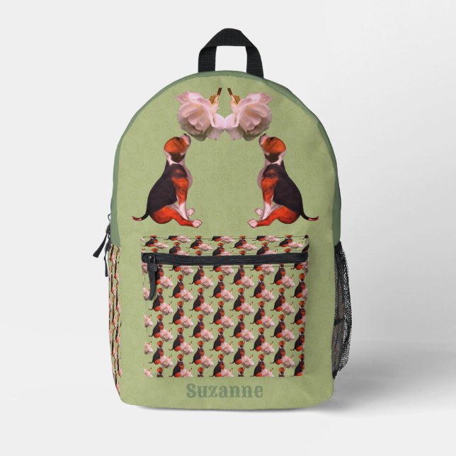 Cute Beagle Puppy White Rose Animal Personalised Printed Backpack (Front)