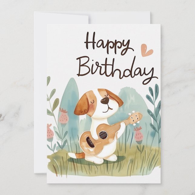 Cute Beagle with a guitar Happy Birthday  Holiday Card (Front)