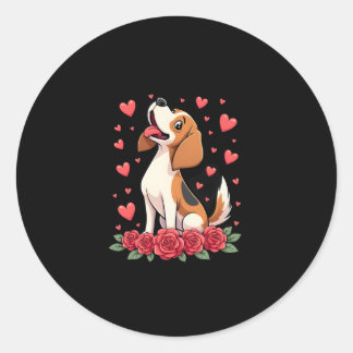 Cute Beagle with Red Roses Hearts Floral Valentine Classic Round Sticker