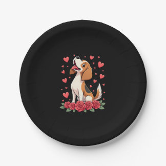 Cute Beagle with Red Roses Hearts Floral Valentine Paper Plate