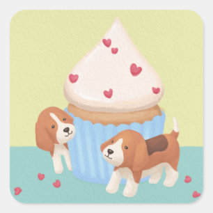 Cute Beagles & Cupcake Illustration Square Sticker