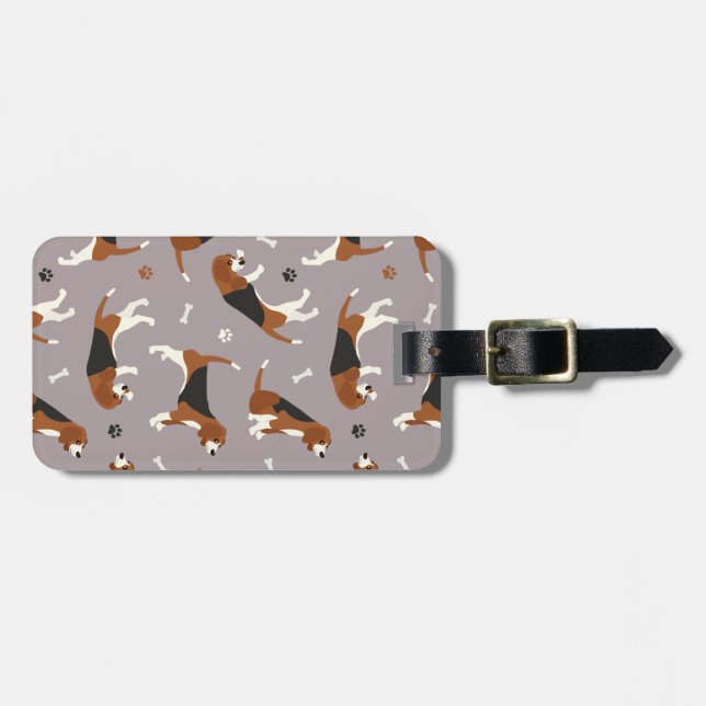 Cute Beagles Paws and Bones Gray Luggage Tag (Front Horizontal)