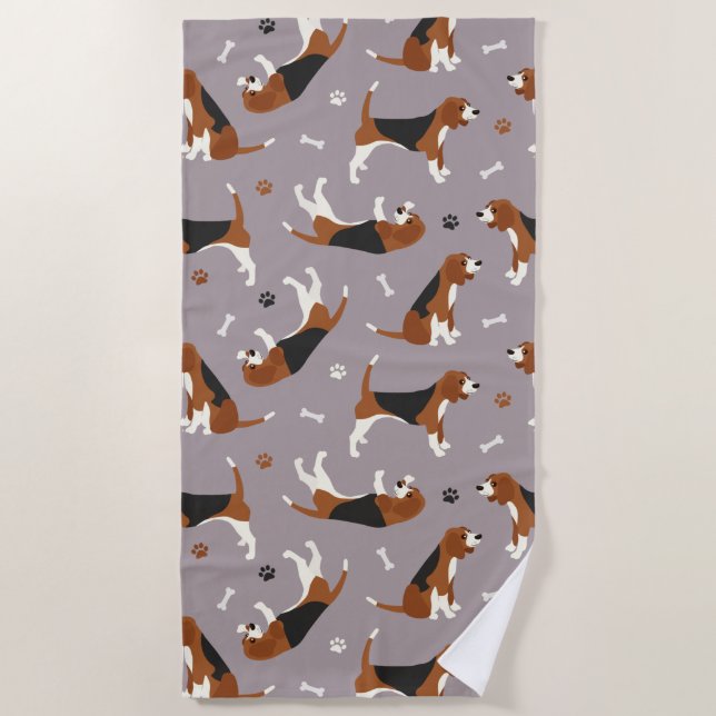 Cute Beagles Paws and Bones Grey Beach Towel (Front)