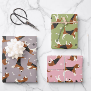 Cute Beagles Paws and Bones Grey Green Pink Wrapping Paper Sheet
