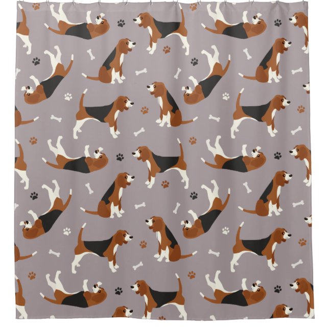Cute Beagles Paws and Bones Grey Shower Curtain (Front)