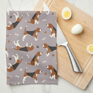 Cute Beagles Paws and Bones Grey Tea Towel