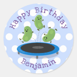 Cute beans jumping trampoline cartoon illustration classic round sticker