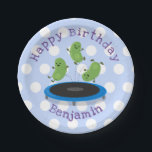 Cute beans jumping trampoline cartoon illustration paper plate<br><div class="desc">It's bean party time! These 3 green beans are having a great time jumping on a trampoline. Drawn in cute cartoon illustration style.</div>