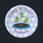 Cute beans jumping trampoline cartoon illustration paper plate<br><div class="desc">It's bean party time! These 3 green beans are having a great time jumping on a trampoline. Drawn in cute cartoon illustration style.</div>