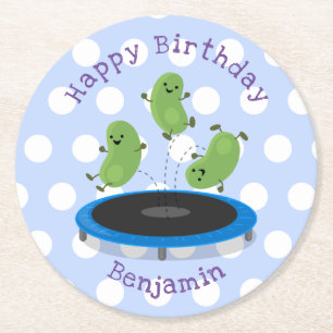 Cute beans jumping trampoline cartoon illustration round paper coaster